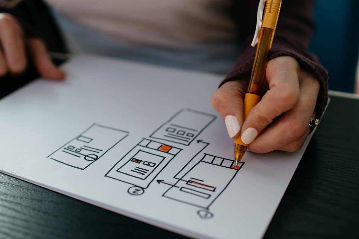 close up of pen and paper, drawing a wireframe for a website; SaaS product comparison page concept
